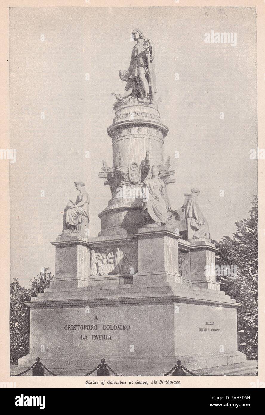 Vintage black and white photo of the Statue of Columbus at his birthplace in Genoa Stock Photo