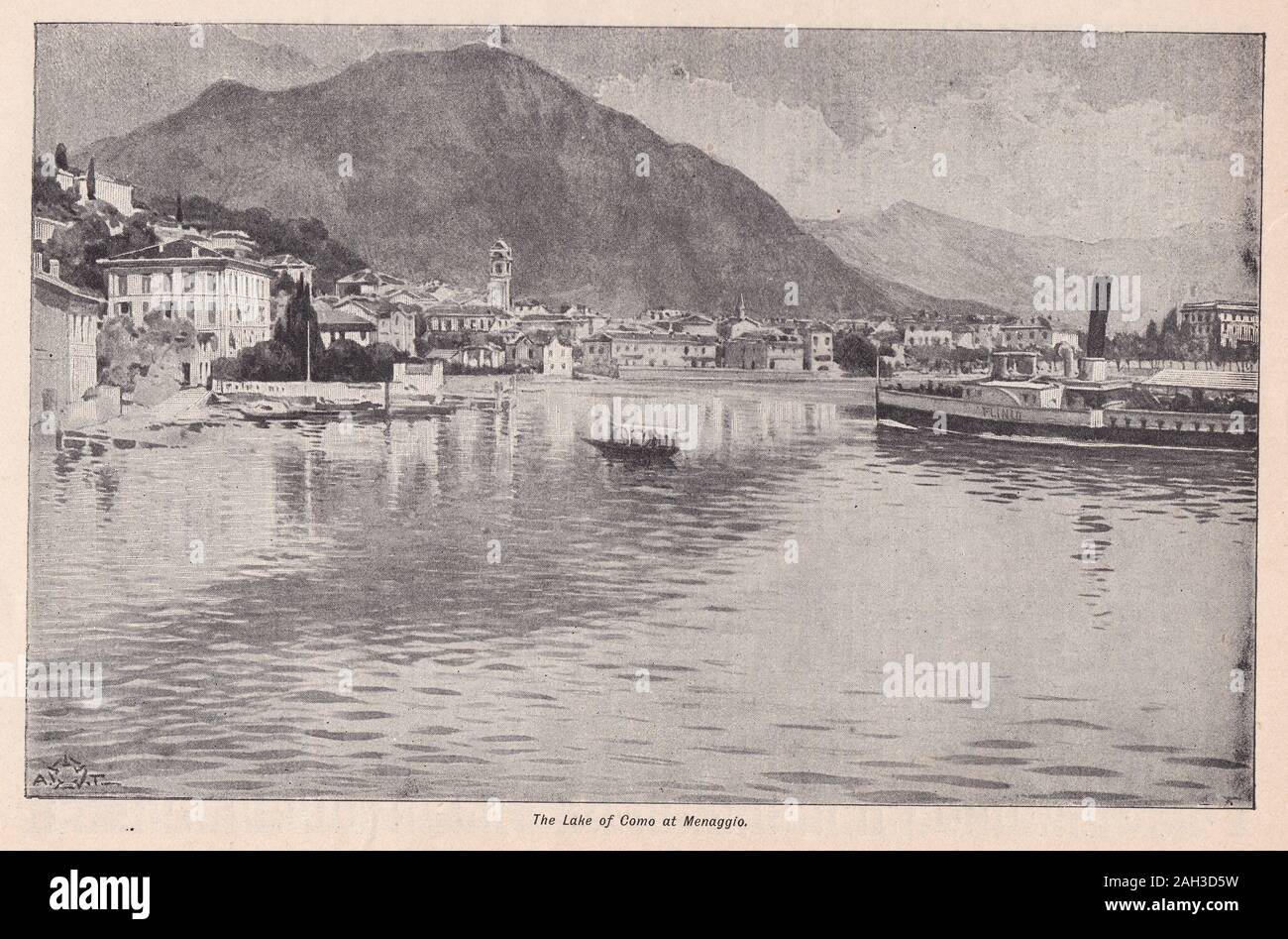 Vintage black and white photo of The Lake of Como at Menaggio Stock Photo