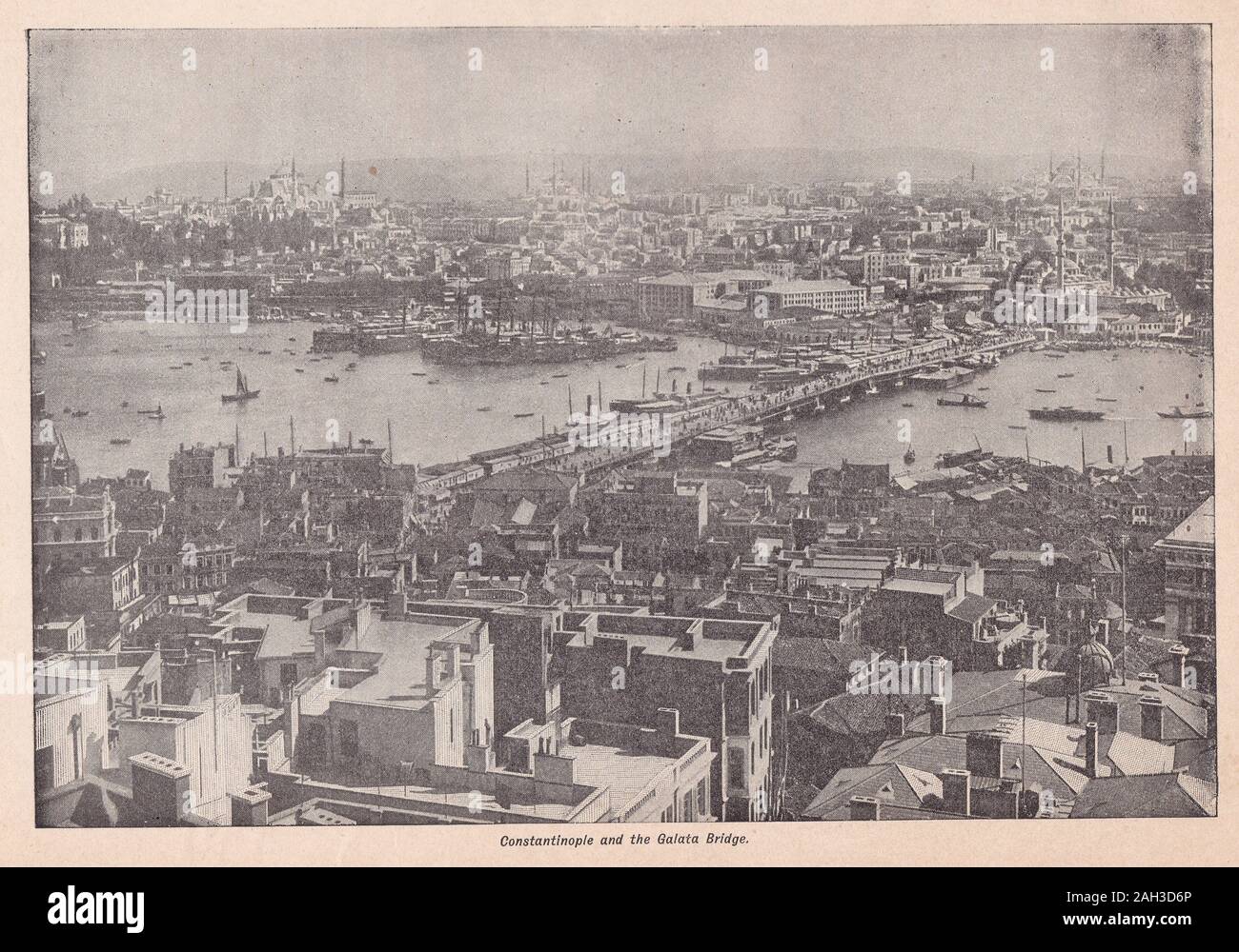 Vintage black and white photo of Constantinople and the Galata Bridge Stock Photo