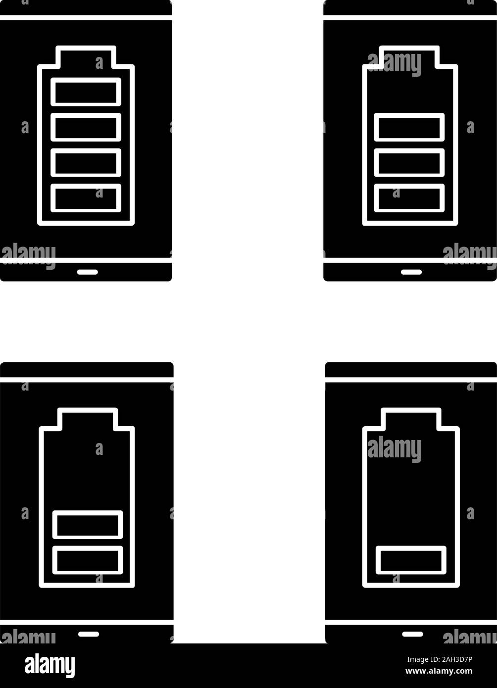 Smartphone battery charging glyph icons set. Mobile phone battery level indicator. Middle, low and high charge. Silhouette symbols. Vector isolated il Stock Vector
