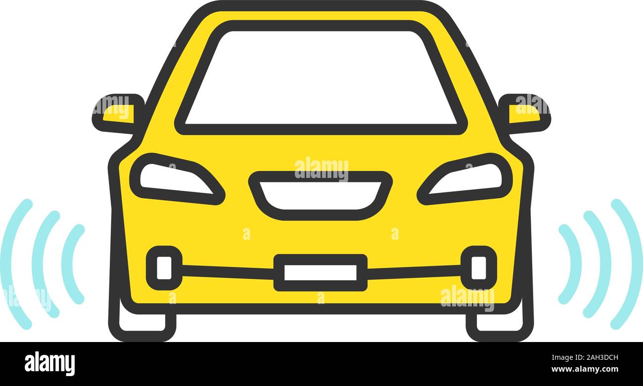 Smart car in front view color icon. NFC auto with radar sensors ...