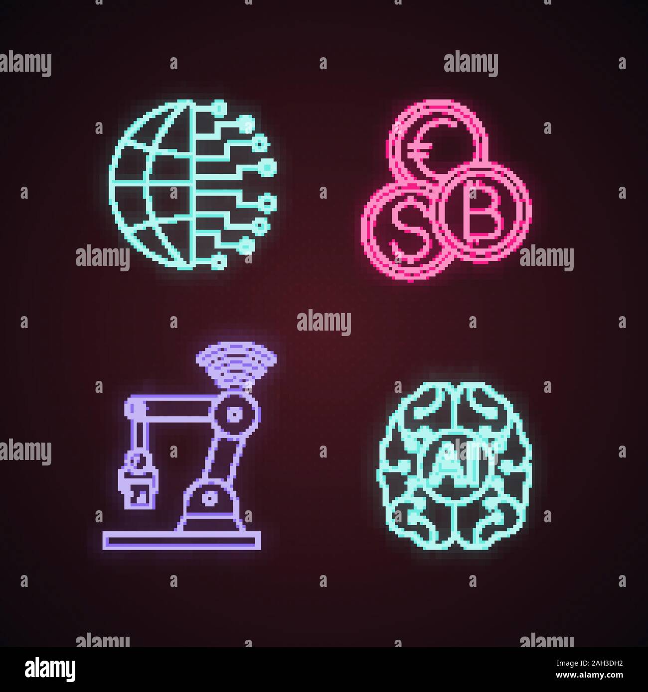 Artificial intelligence neon light icons set. Neurotechnology. AI. Big ...