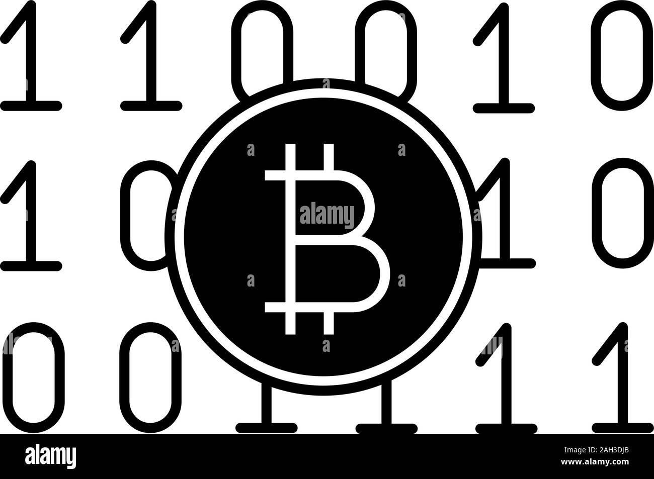 Binary code glyph icon. Cryptocurrency mining. Digital money. Computing. Bitcoin on binary code. Silhouette symbol. Negative space. Vector isolated il Stock Vector