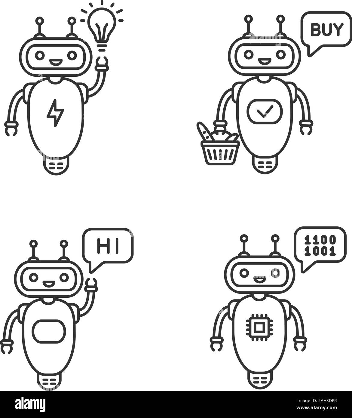 Chatbots linear icons set. Talkbots. Virtual assistants. New idea, buy ...