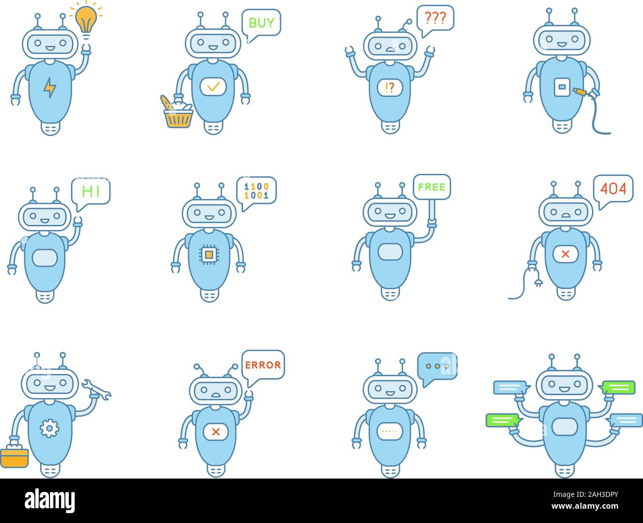 Chatbots color icons set. Virtual assistants. Talkbots. Chat, error ...