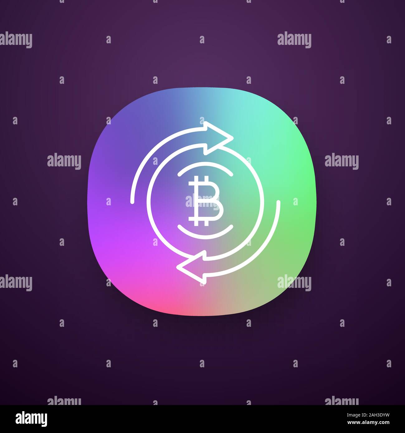 Bitcoin exchange app icon. Digital currency transaction. UI/UX user interface. Circle arrows with bitcoin coin inside. Refund cryptocurrency. Web or m Stock Vector