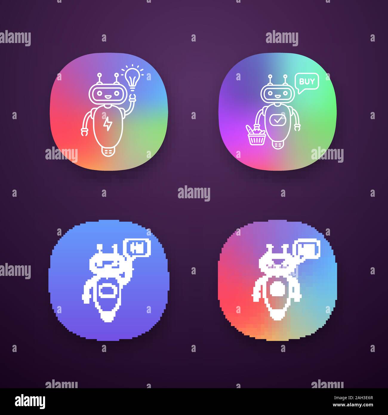 Chatbots app icons set. UI/UX user interface. Talkbots. Virtual assistants. New idea, buy, hi, code chat bots. Modern robots. Web or mobile applicatio Stock Vector