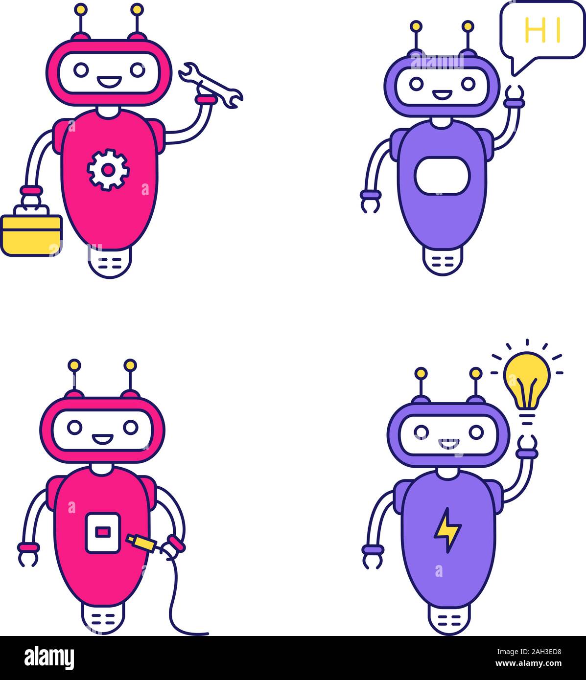 Chatbots color icons set. Talkbots. Virtual assistants. Repair, hi, USB ...