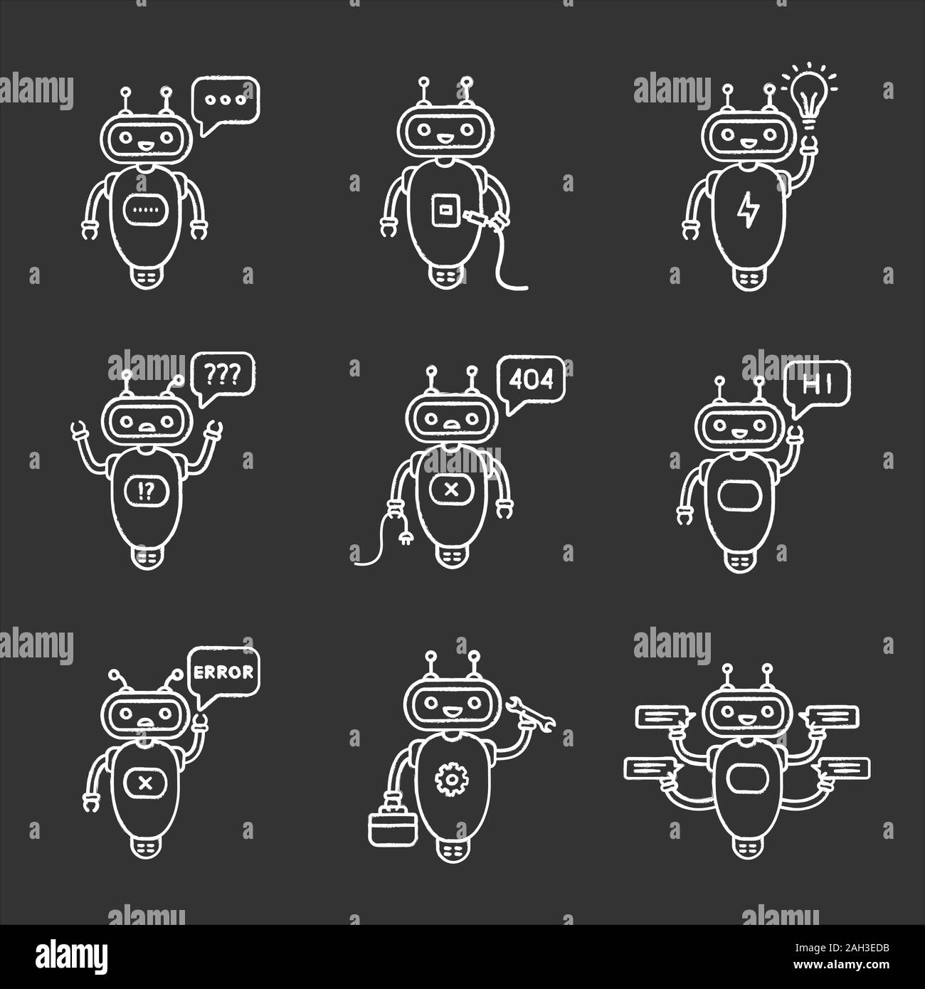 Chatbots chalk icons set. Talkbots. Typing, USB, idea, question, not found, hi, error, repair, chat bots. Modern robots. Isolated vector chalkboard il Stock Vector
