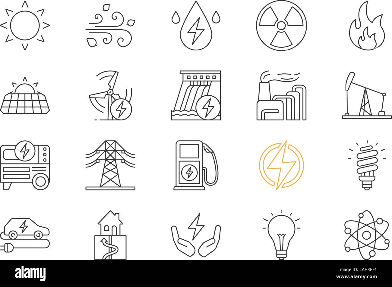 Electric energy linear icons set. Electricity. Power generation and
