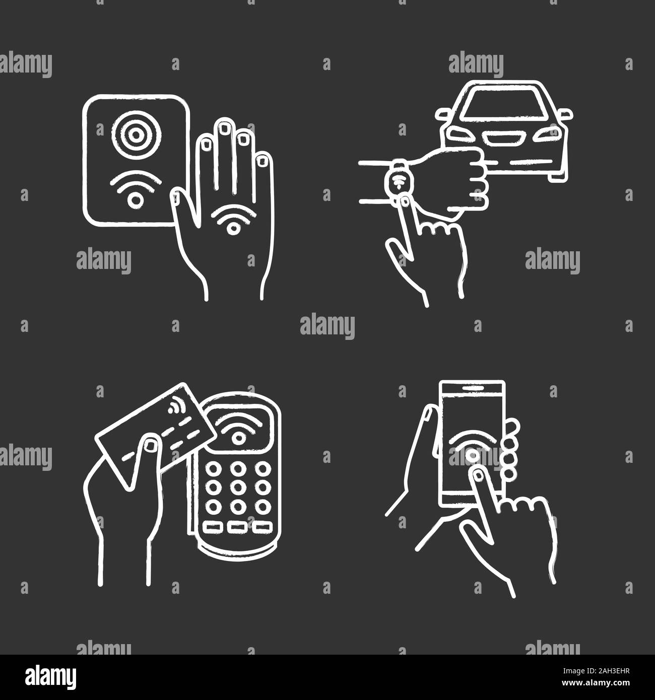 NFC technology chalk icons set. Near field smartphone, car and bracelet