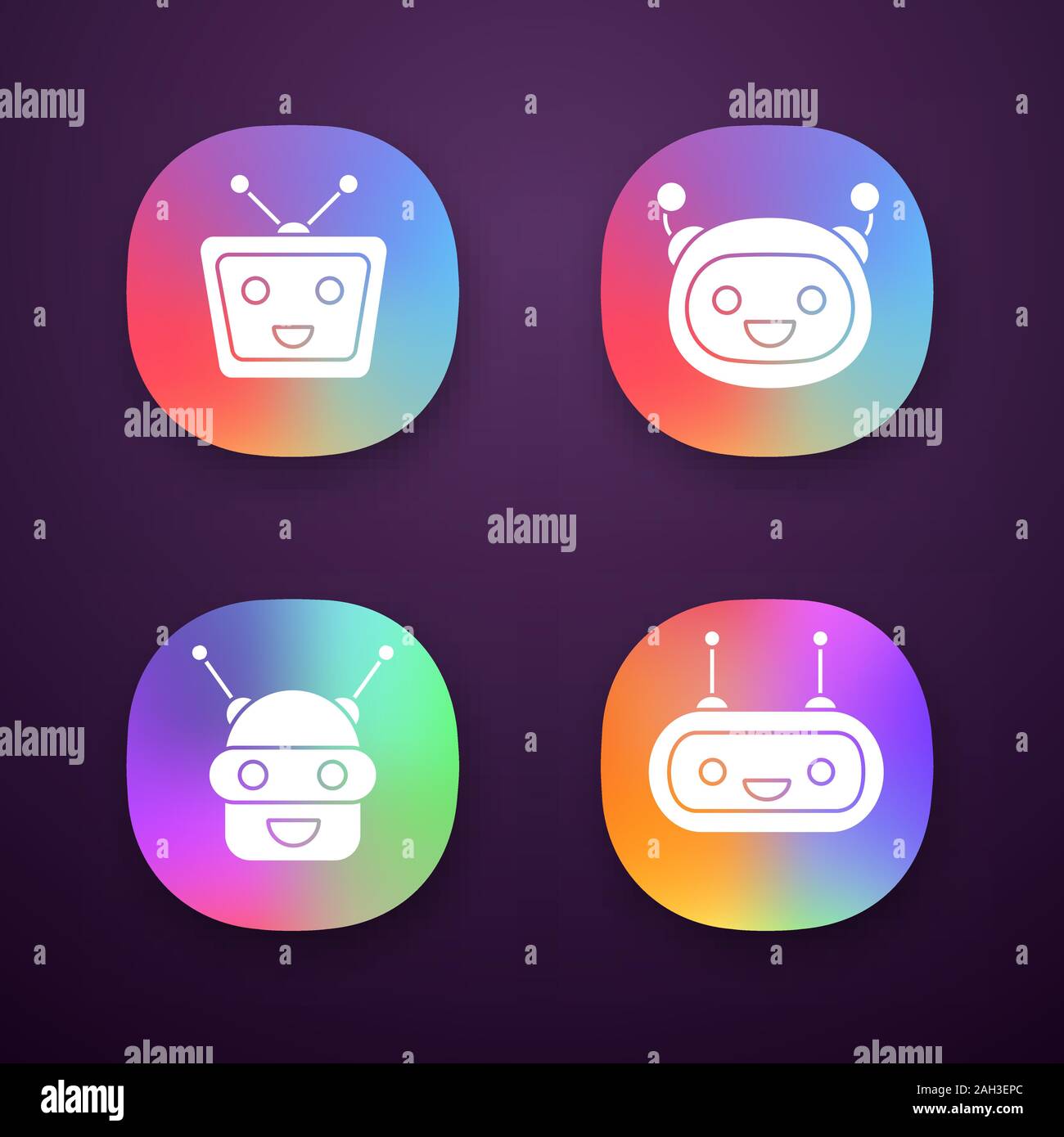 Chatbots app icons set. UI/UX user interface. Talkbots. Laughing virtual assistants. Conversational agents. Modern robots. Web or mobile applications. Stock Vector