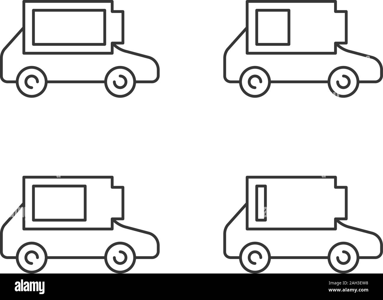 Electric car battery charging linear icons set. Automobile battery
