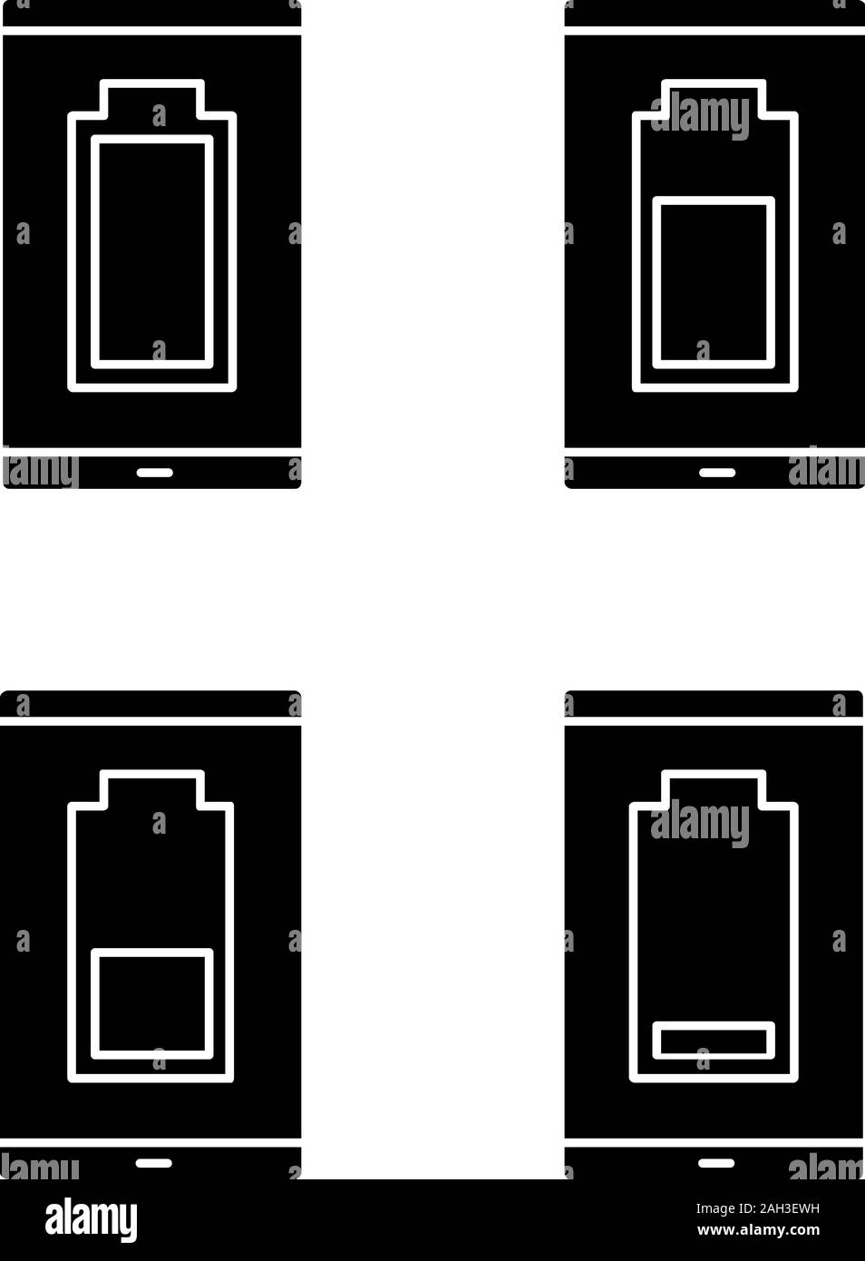 Smartphone battery charging glyph icons set. Mobile phone battery level indicator. Middle, low and high charge. Silhouette symbols. Vector isolated il Stock Vector