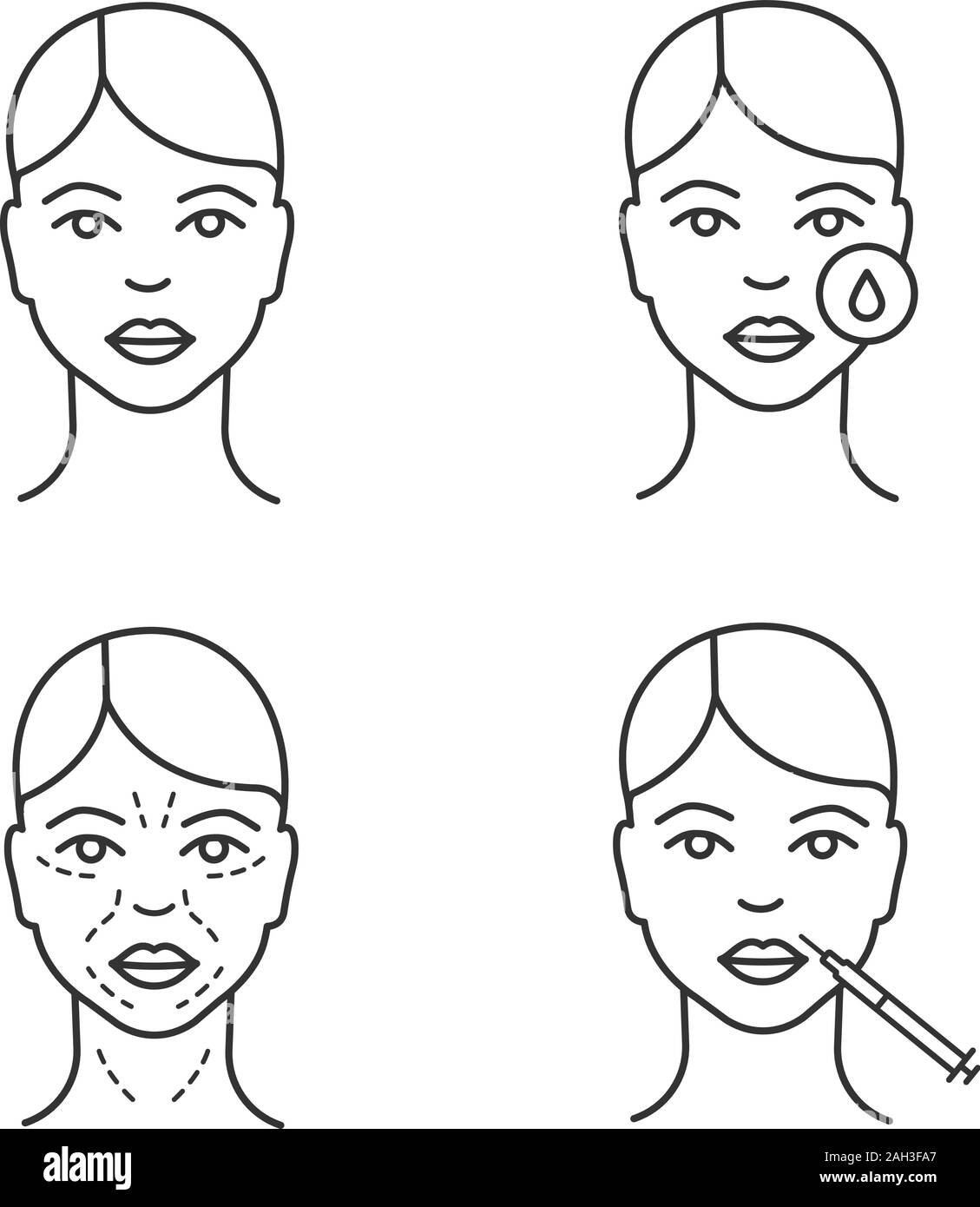 Botox injection linear icons set. Woman's face, makeup removal, mimic wrinkles, lips botox injection. Thin line contour symbols. Isolated vector outli Stock Vector