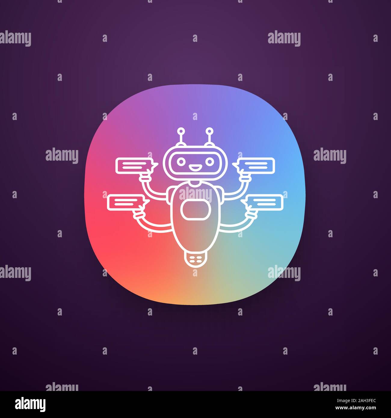 Chatbot with four speech bubbles app icon. UI/UX user interface. Talkbot chatting to several users. Customer support service. Modern robot. Web or mob Stock Vector