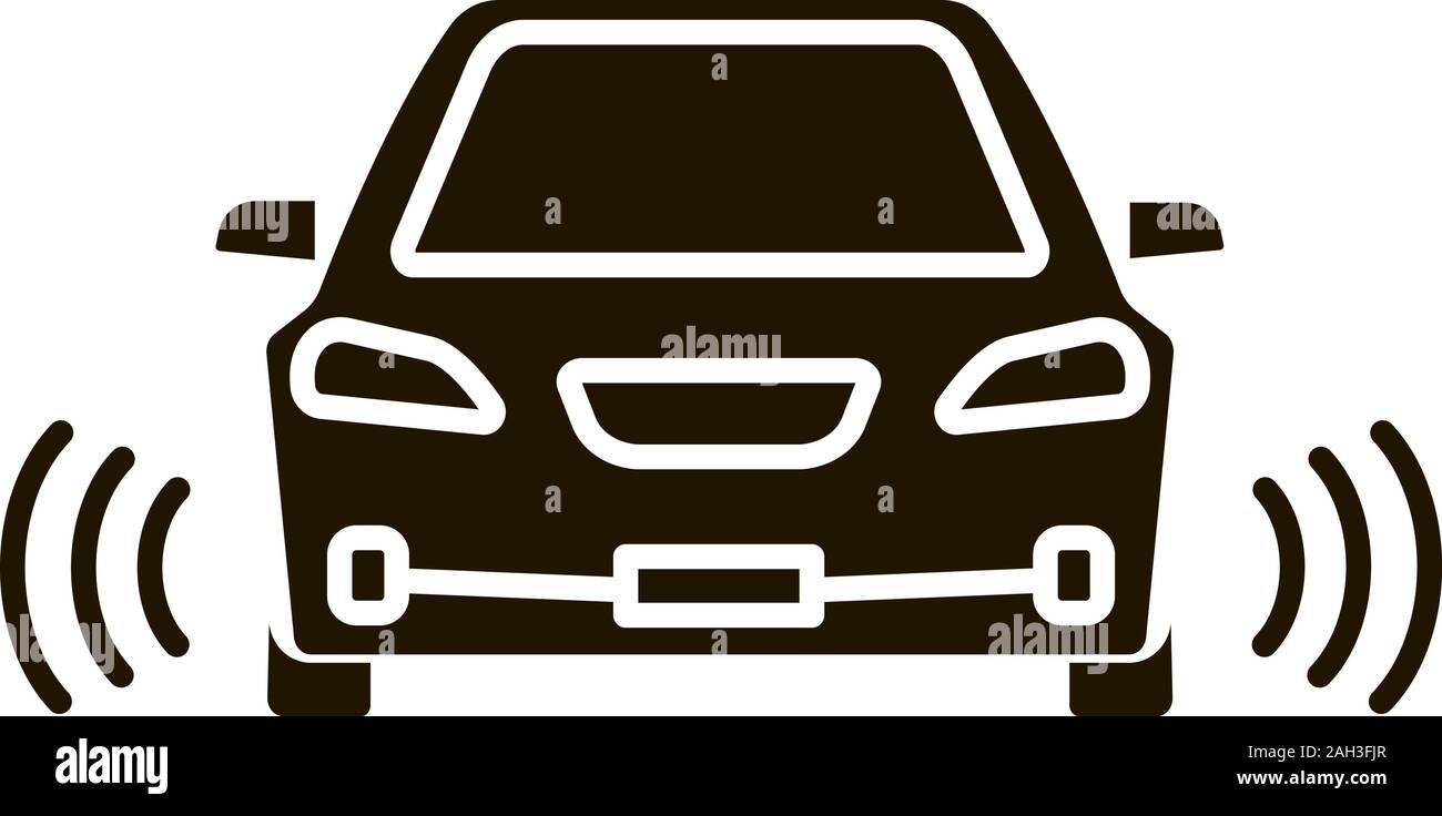 Smart car in front view glyph icon. Self driving automobile. Autonomous car. Driverless vehicle. NFC auto with radar sensors. Silhouette symbol. Negat Stock Vector