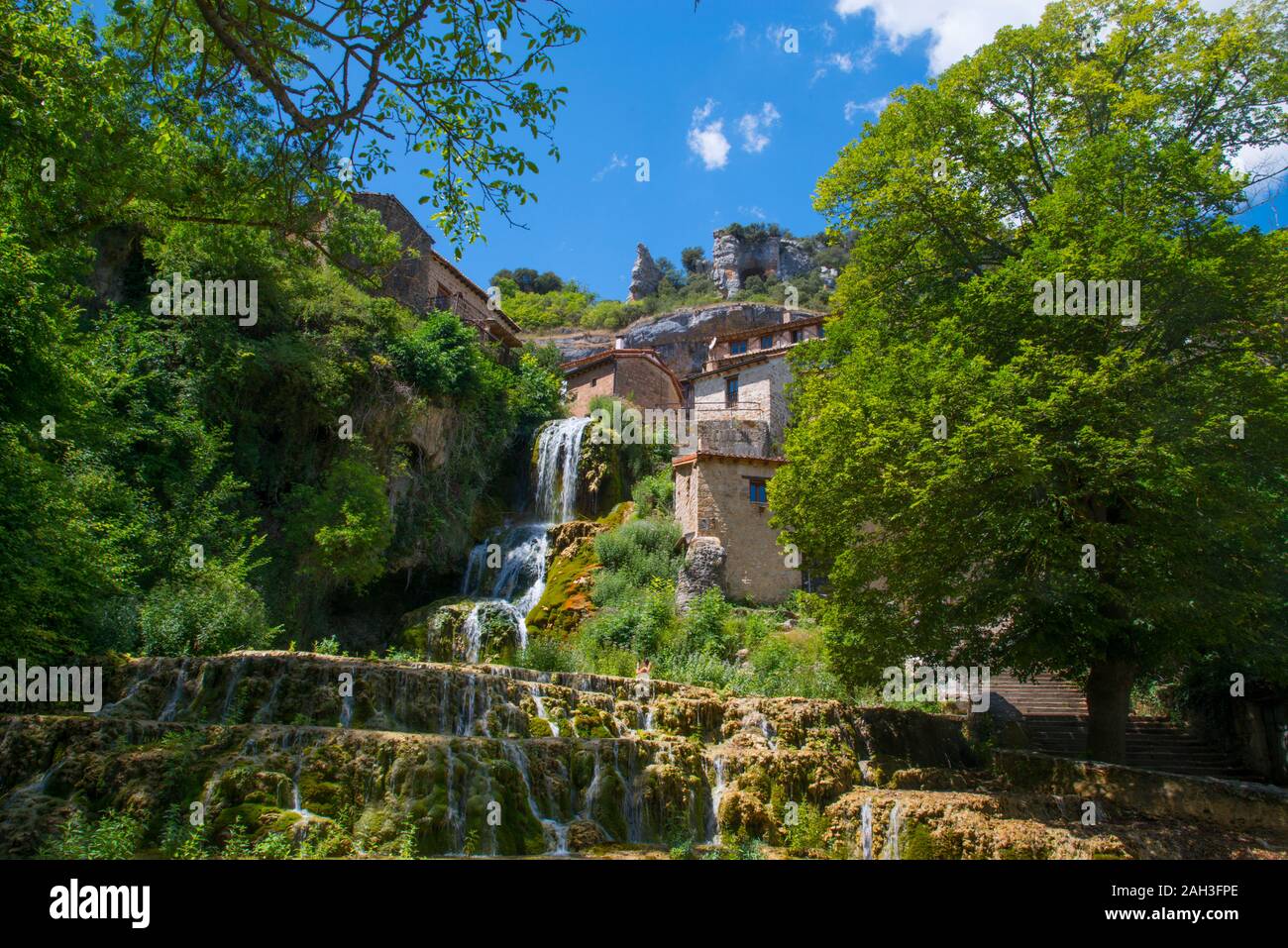 Cascades and village. Orbaneja del Castillo, Burgos province, Castilla Leon, Spain. Stock Photo