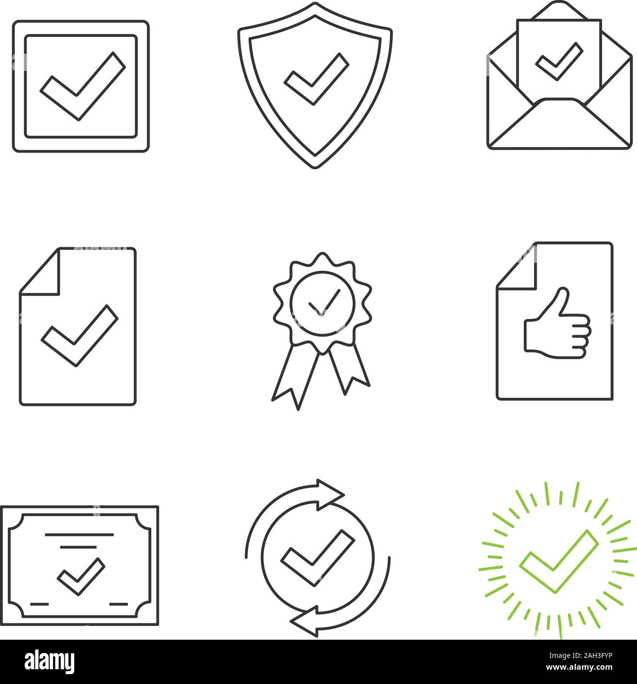 Approve linear icons set. Checkbox, approved security, email