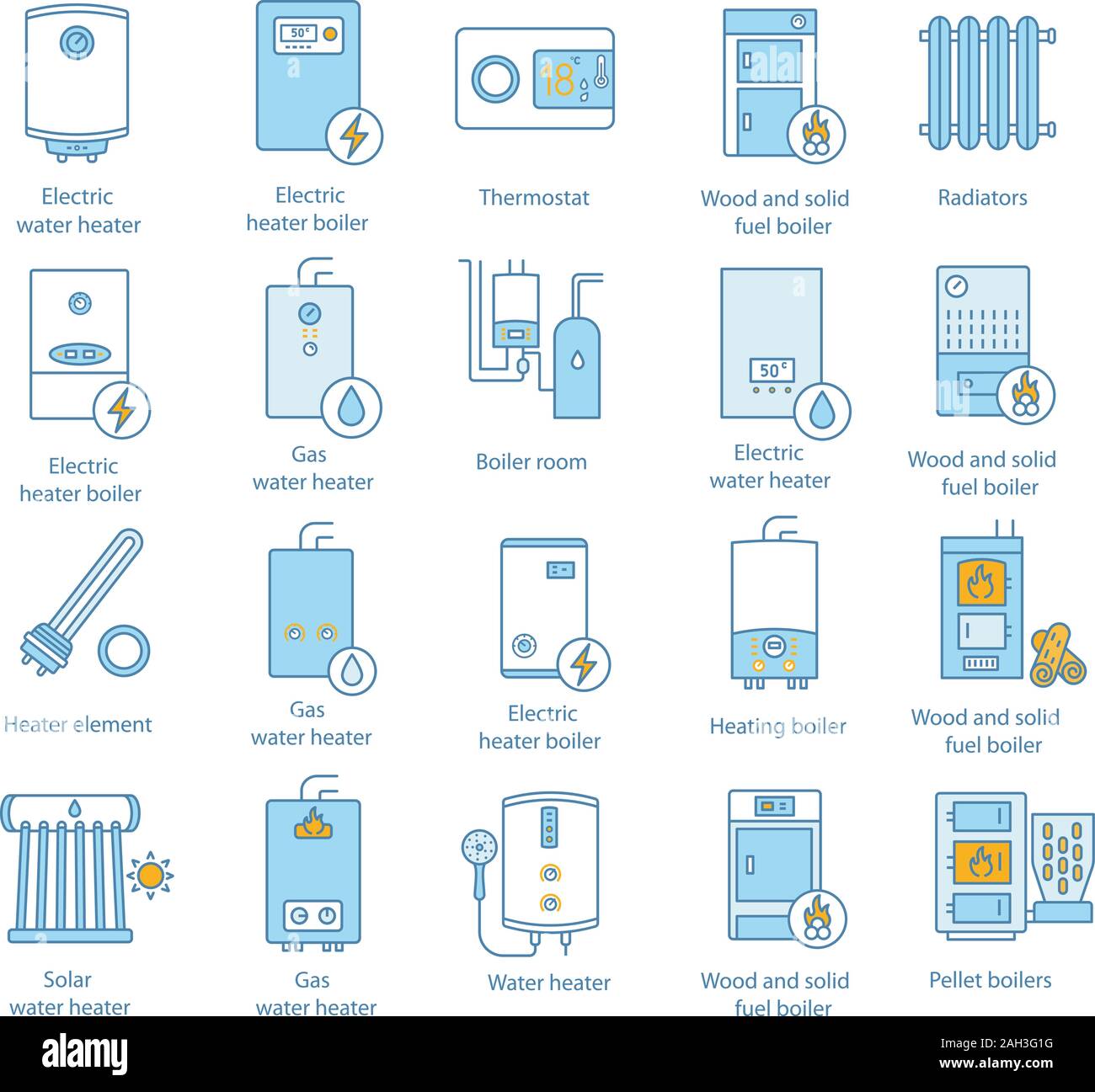 Heating color icons set. Boilers, radiators, thermostat. Gas, electric, solid fuel, pellet, solar boilers. Commercial, industrial and domestic central Stock Vector