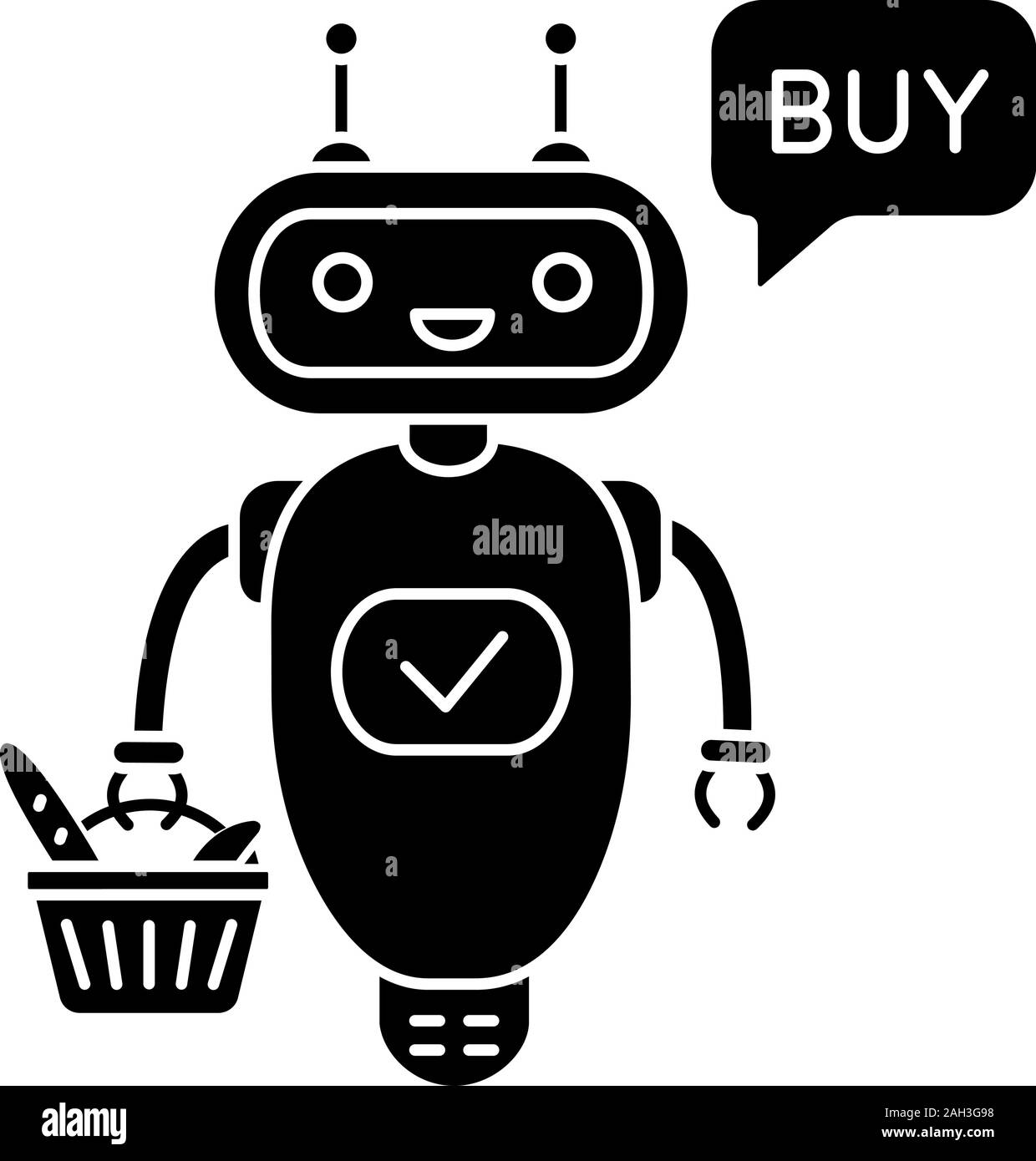 Online customer service chatbot glyph icon. Silhouette symbol. Talkbot with grocery basket says buy. Modern robot. Virtual shopping assistant. Negativ Stock Vector