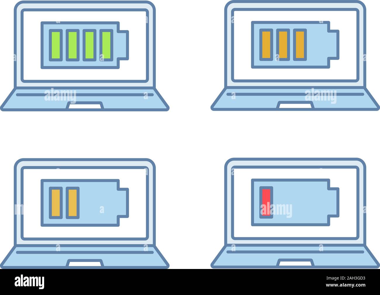 Laptop battery charging color icons set. Computer high, low, middle