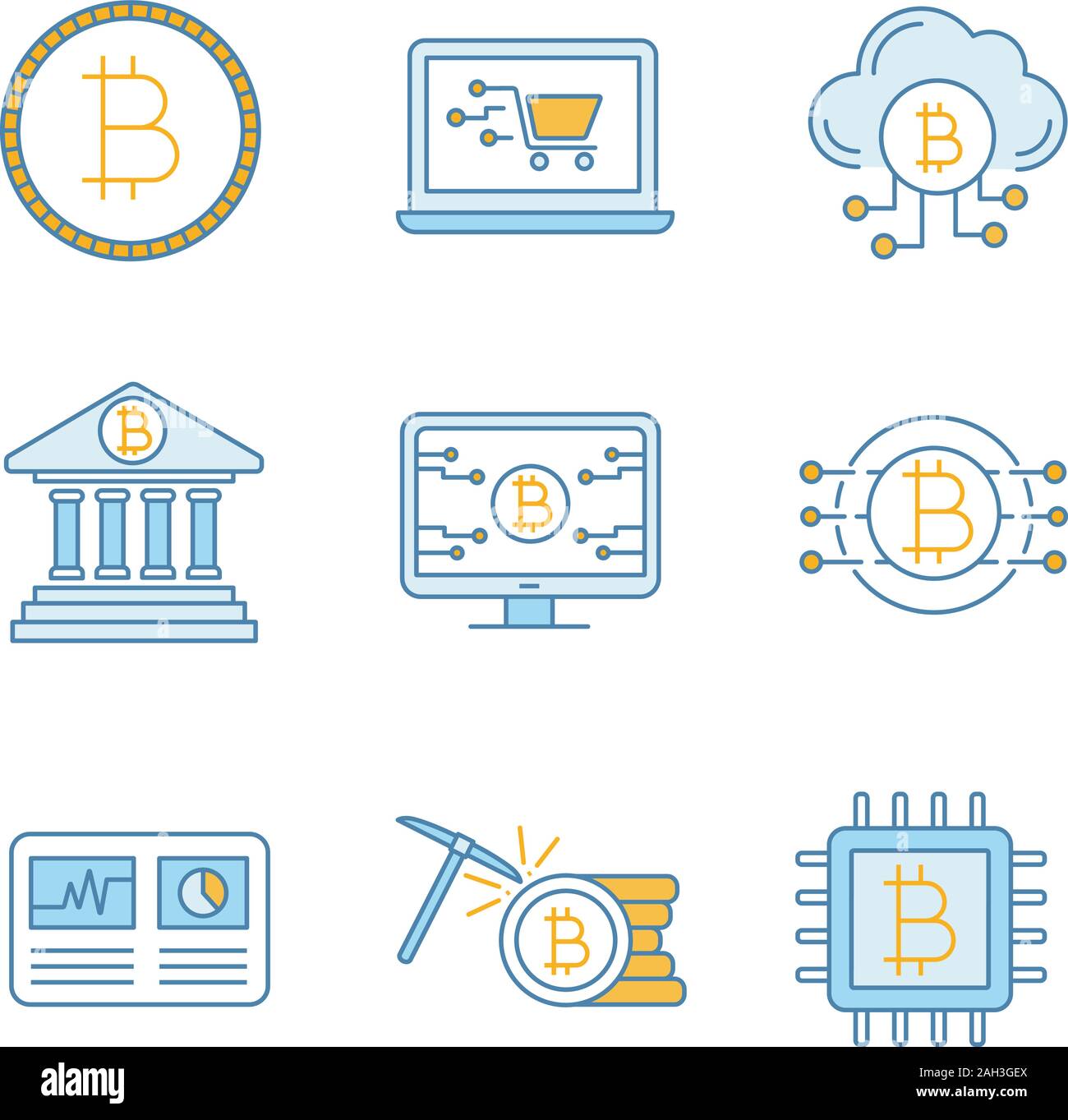 Bitcoin cryptocurrency color icons set. Coin, online shopping, cloud  mining, banking, bitcoin webpage, hashrate, CPU mining, cryptocurrency.  Isolated Stock Vector Image & Art - Alamy
