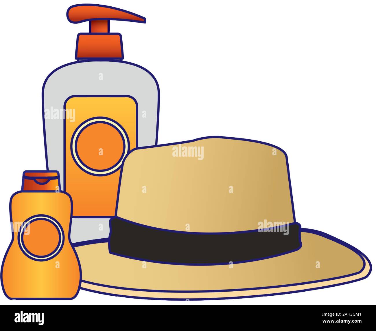 beach hat with sunscreens bottles Stock Vector
