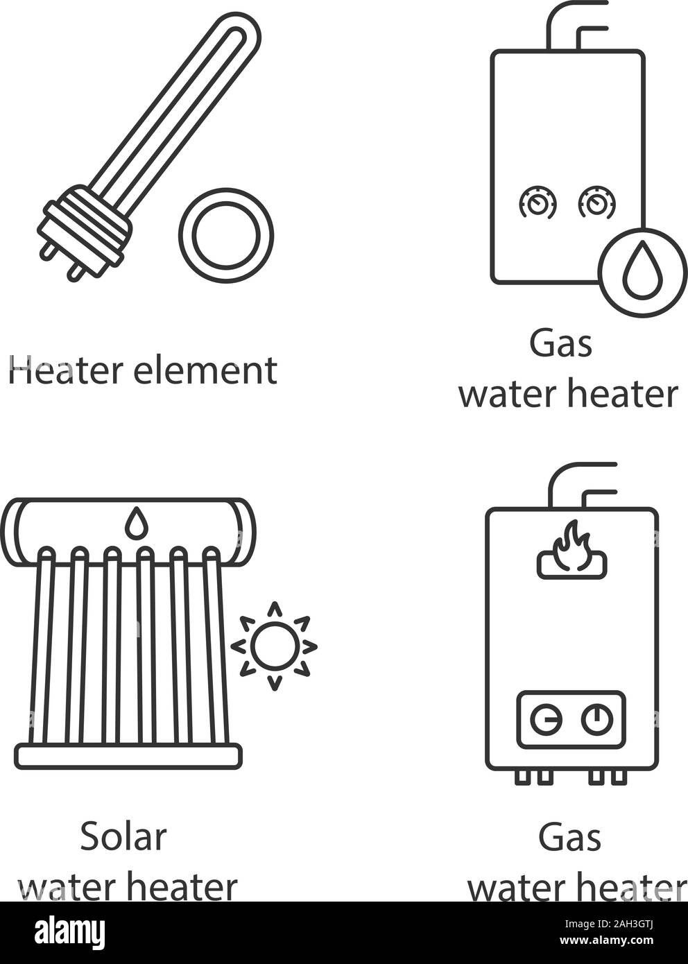 Heating linear icons set. Electric and gas water heaters, heating boiler, industrial water heater. Thin line contour symbols. Isolated vector outline Stock Vector