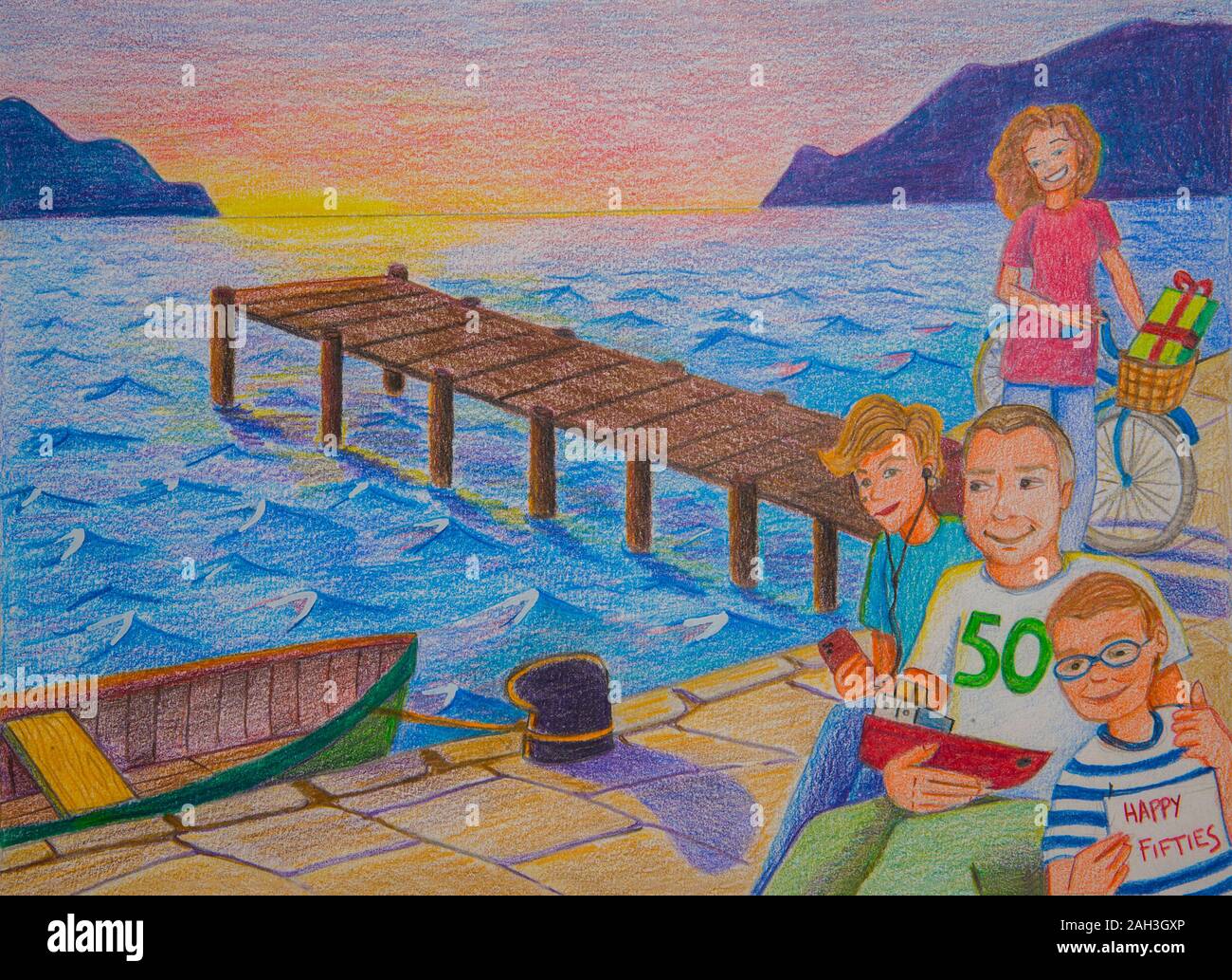 Family by the sea at dusk. Illustration. Stock Photo