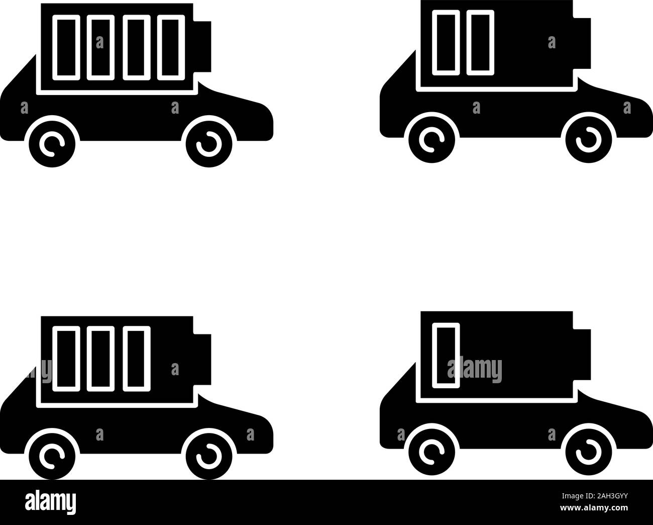 Electric car battery charging glyph icons set. Automobile battery level