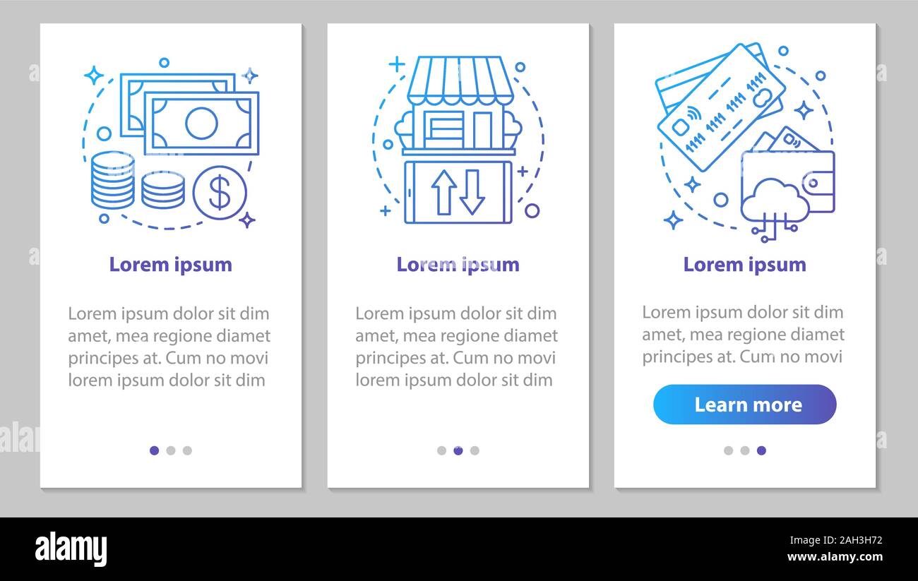 Shopping onboarding mobile app page screen with linear concepts. Cash ...