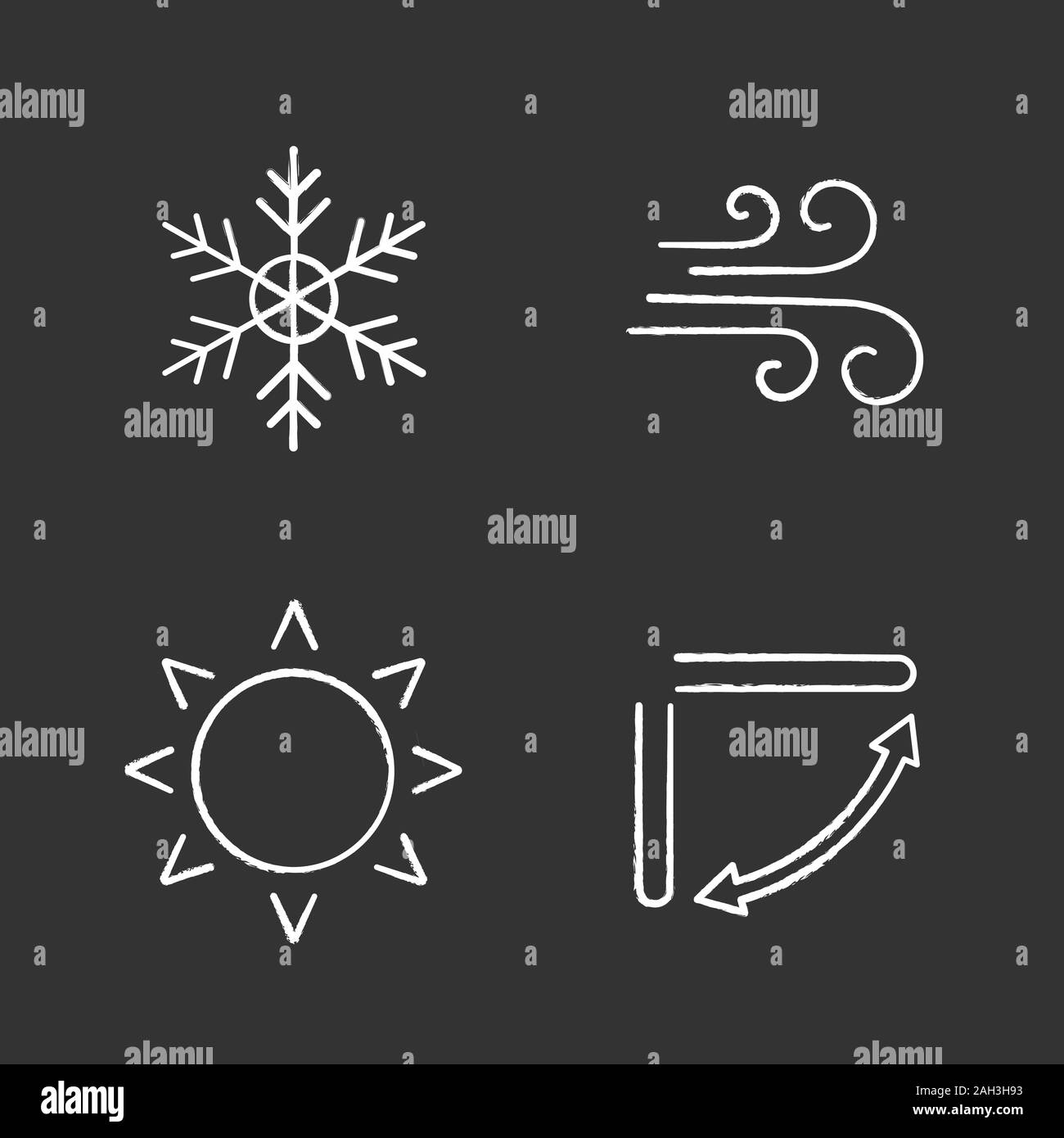 Air conditioning chalk icons set. Snowflake, airflow, sun, air conditioner louvers. Isolated vector chalkboard illustrations Stock Vector