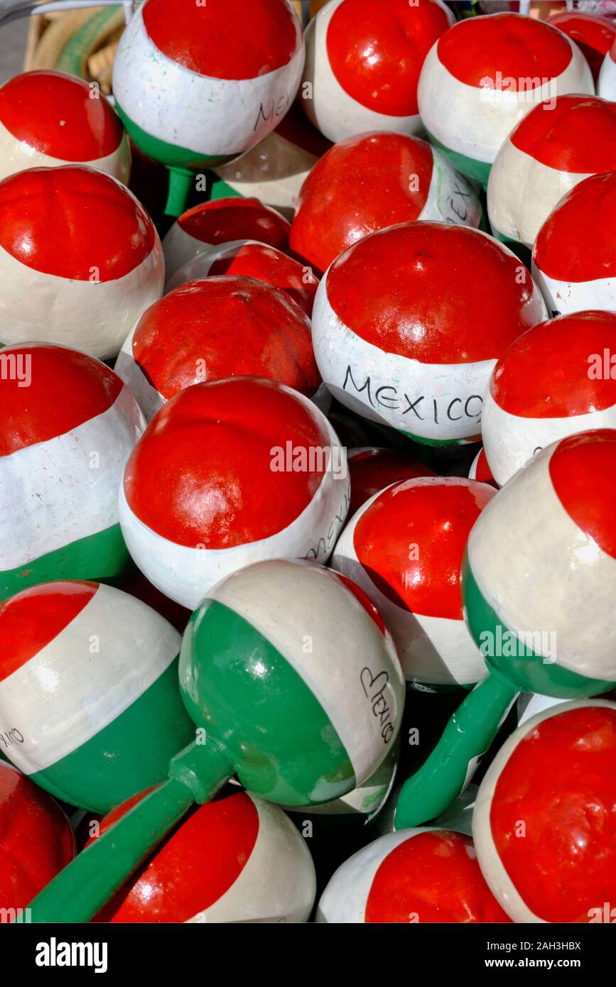 Handmade Mexican maracas in the local market. Maracas for sale. Close