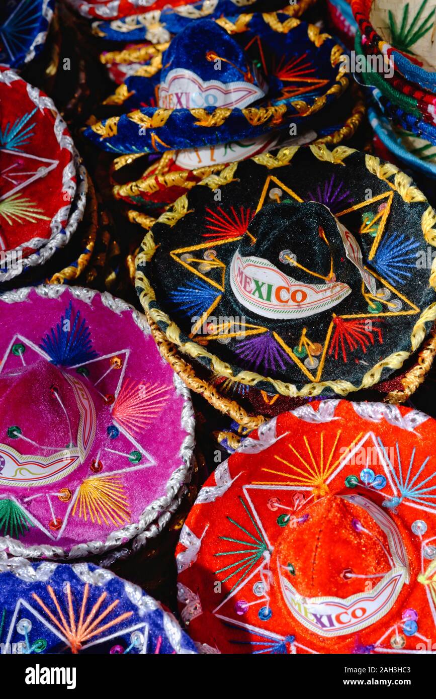 Colorful Mexican sombrero souvenirs. Riviera Maya, Latin America. Mexico travel background Stock Photo