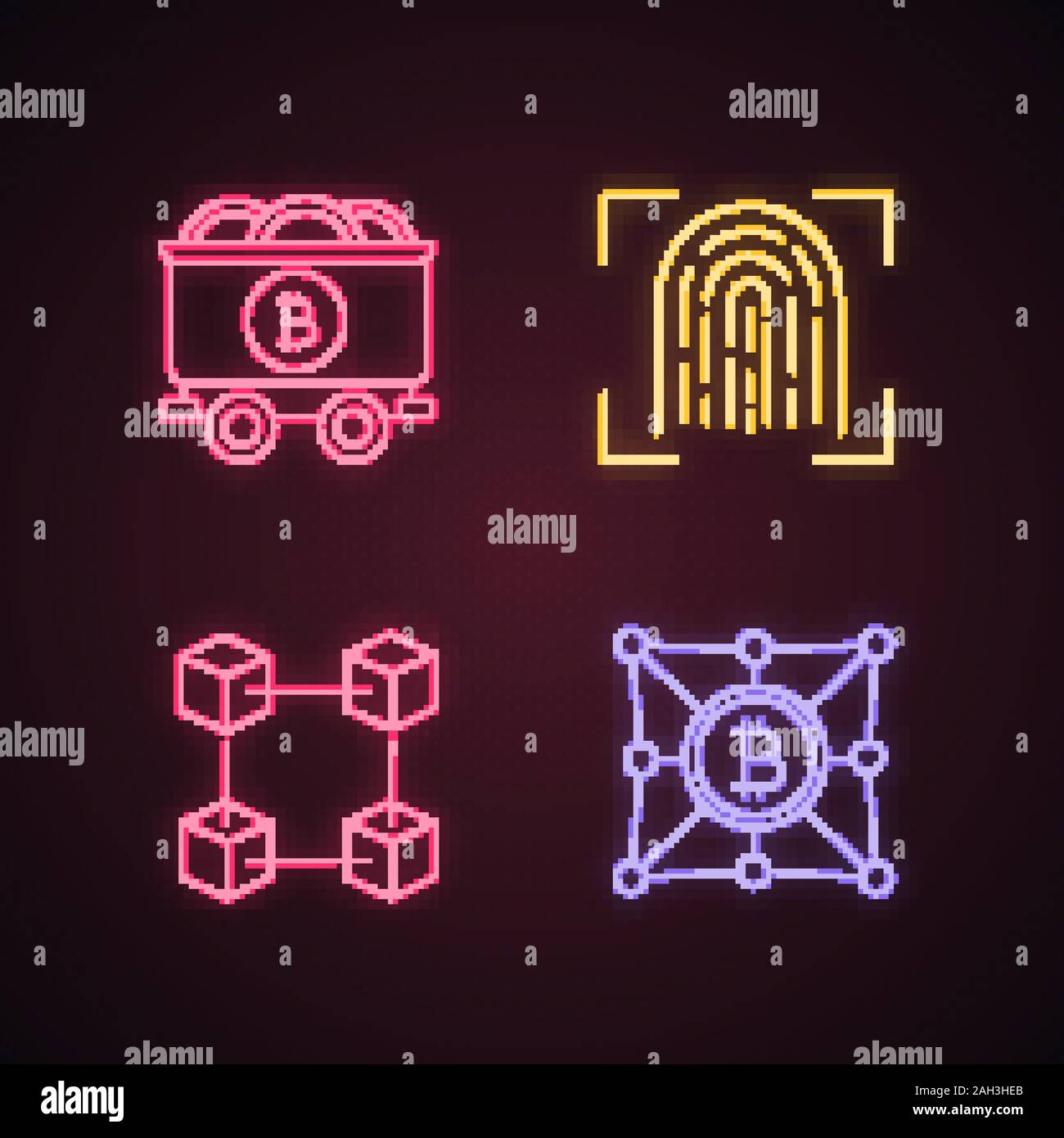 Bitcoin cryptocurrency neon light icons set. Fingerprint scanning,  blockchain, mine cart with coins, bitcoin network. Glowing signs. Vector  isolated i Stock Vector Image & Art - Alamy