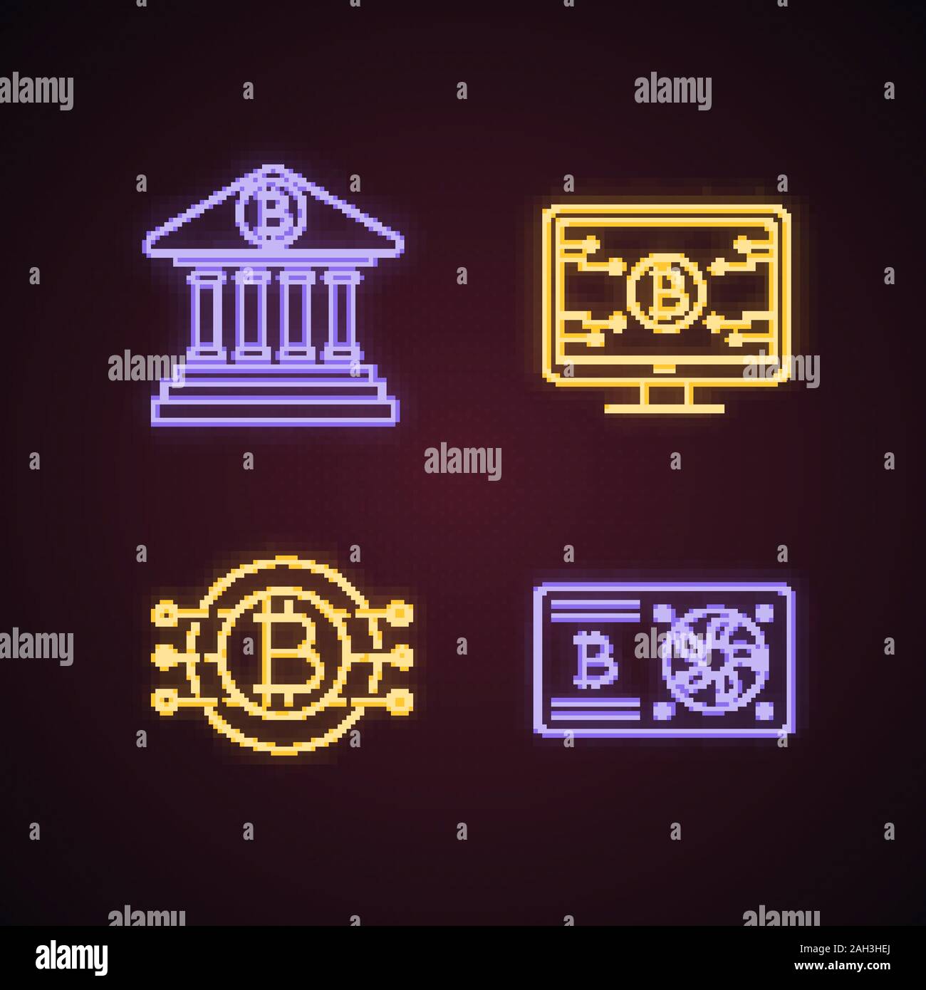 Bitcoin cryptocurrency neon light icons set. Online banking, bitcoin official  web page, graphic card, CPU mining. Glowing signs. Vector isolated illus  Stock Vector Image & Art - Alamy