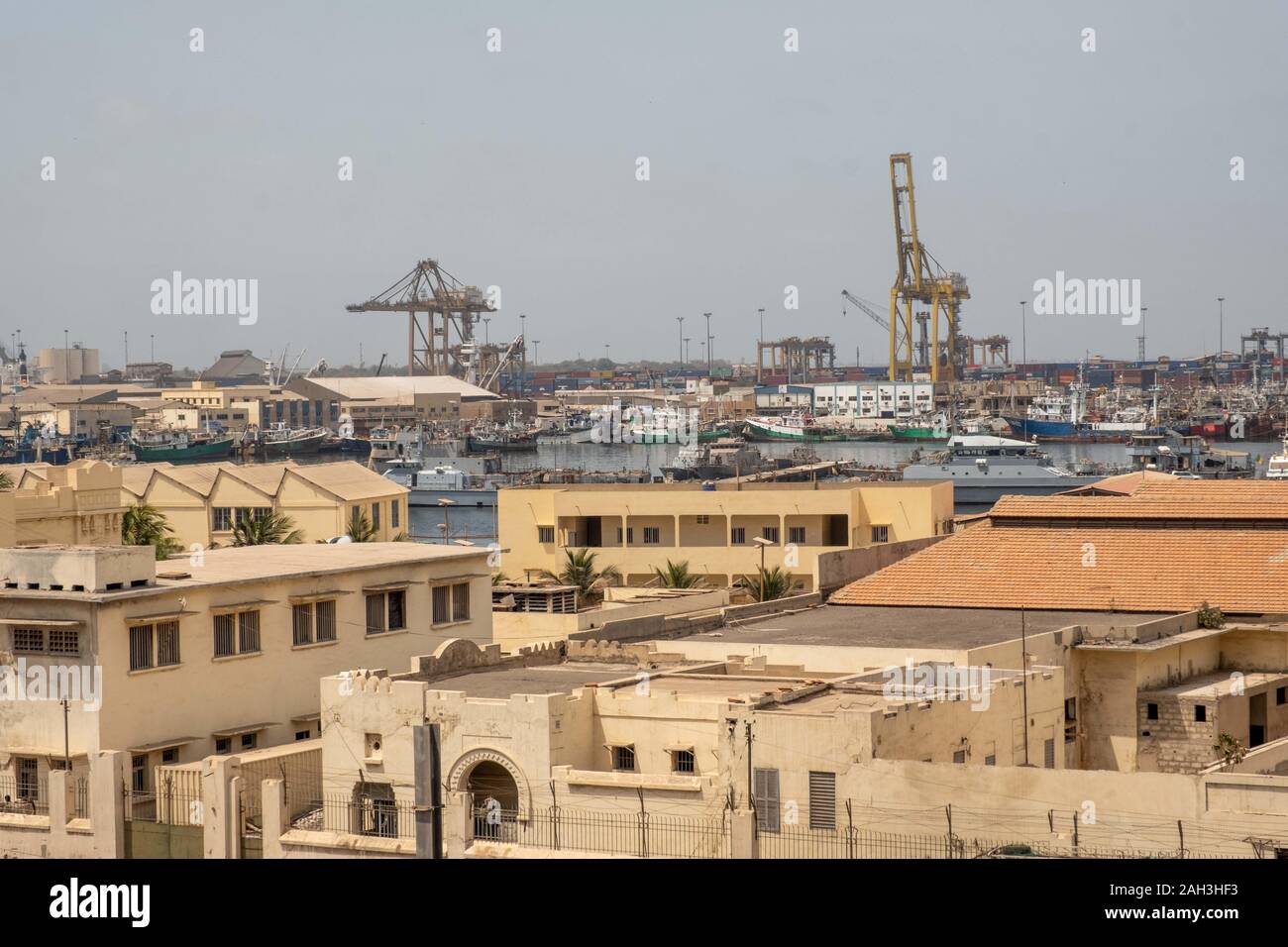 A view over the rooftops of the Autonomous Port of Dakar, Senegal, one of the largest ports in West Africa. Stock Photo