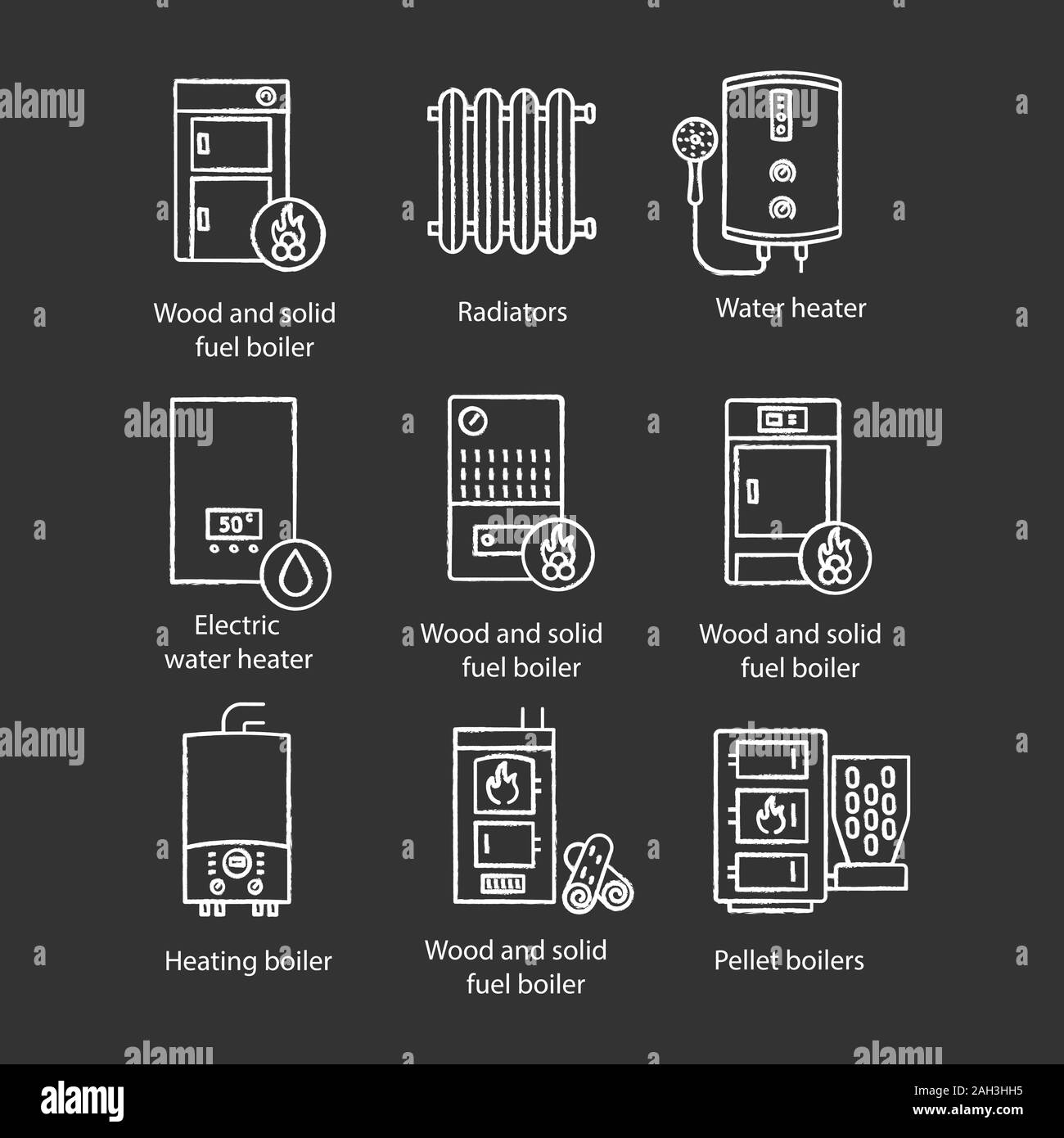 Heating chalk icons set. Boilers, radiators, water heaters. Gas, electric, pellet, boilers. Commercial, industrial, domestic central heating systems. Stock Vector