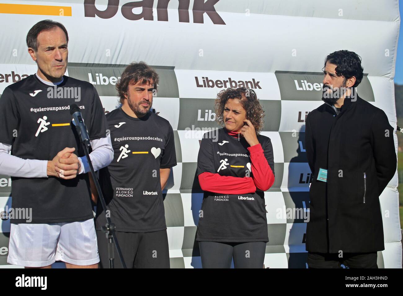 La Morgal, Spain. 24th Dec, 2019. La Morgal, SPAIN: The CEO of Liberbank, Manuel Menéndez (L), Fernando Alonso, the general director of sports of the Principality of Asturias, Beatriz Álvarez and the speaker of the event, Marco Rodríguez (R) on the podium during the IX Race Solidarity Foundation Fernando Alonso Liberbank disputed in the Circuit of Fernando Alonso of La Morgal, Spain on December 24, 2019. (Photo by Alberto Brevers/Pacific Press) Credit: Pacific Press Agency/Alamy Live News Stock Photo