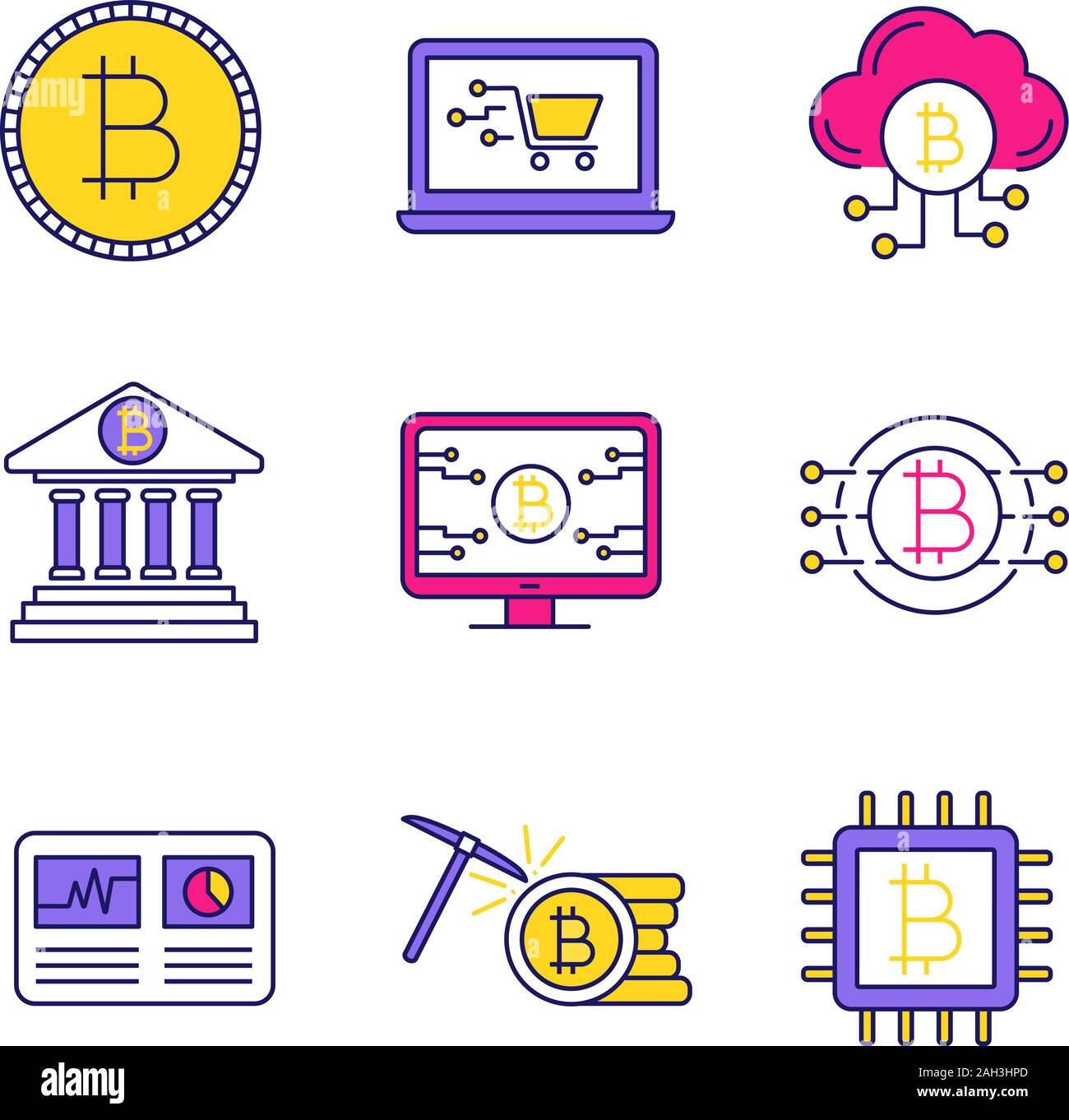 Bitcoin cryptocurrency color icons set. Coin, online shopping, cloud  mining, banking, bitcoin webpage, hashrate, CPU mining, cryptocurrency.  Isolated Stock Vector Image & Art - Alamy