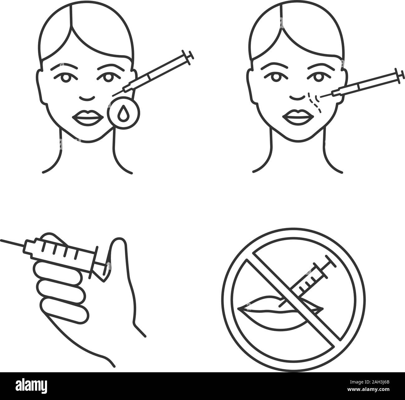 Neurotoxin injection linear icons set. Lips injection prohibition, area ...