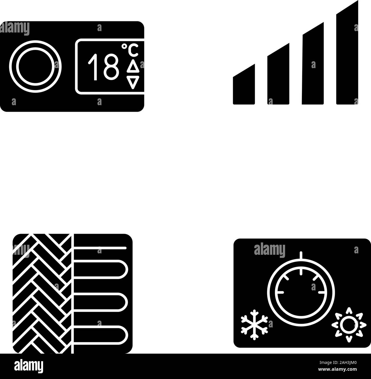Air conditioning glyph icons set. Digital thermostat, power level