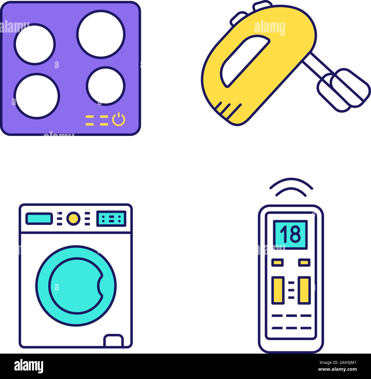 Household appliance color icons set. Electric induction hob, handheld mixer, washing machine, air conditioner remote control. Isolated vector illustra Stock Vector