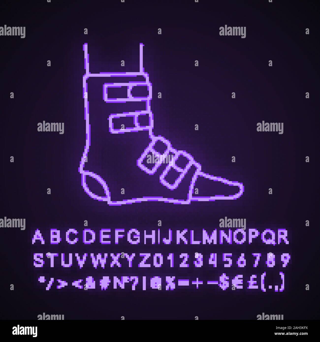 Foot ankle brace neon light icon. Foot orthosis. Leg brace. Adjustable ankle joint bandage. Glowing sign with alphabet, numbers. Joint pain relief, mu Stock Vector