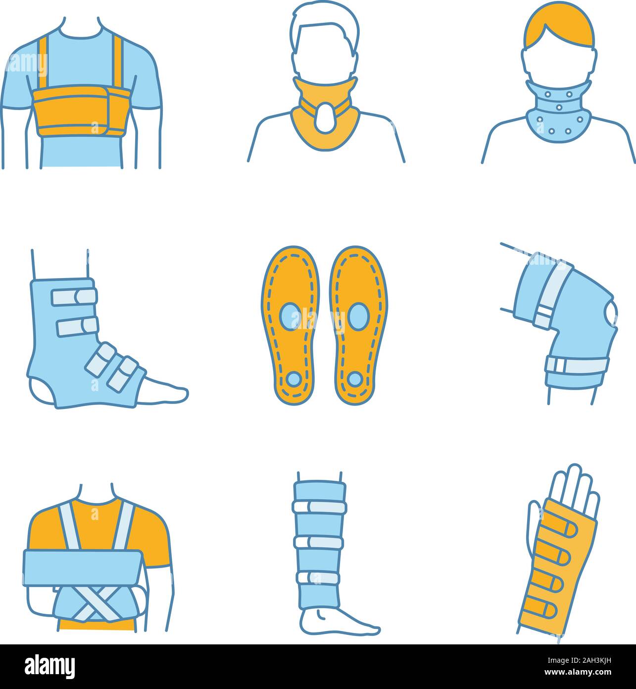Trauma treatment color icons set. Rib belt, cervical collar, ankle and ...