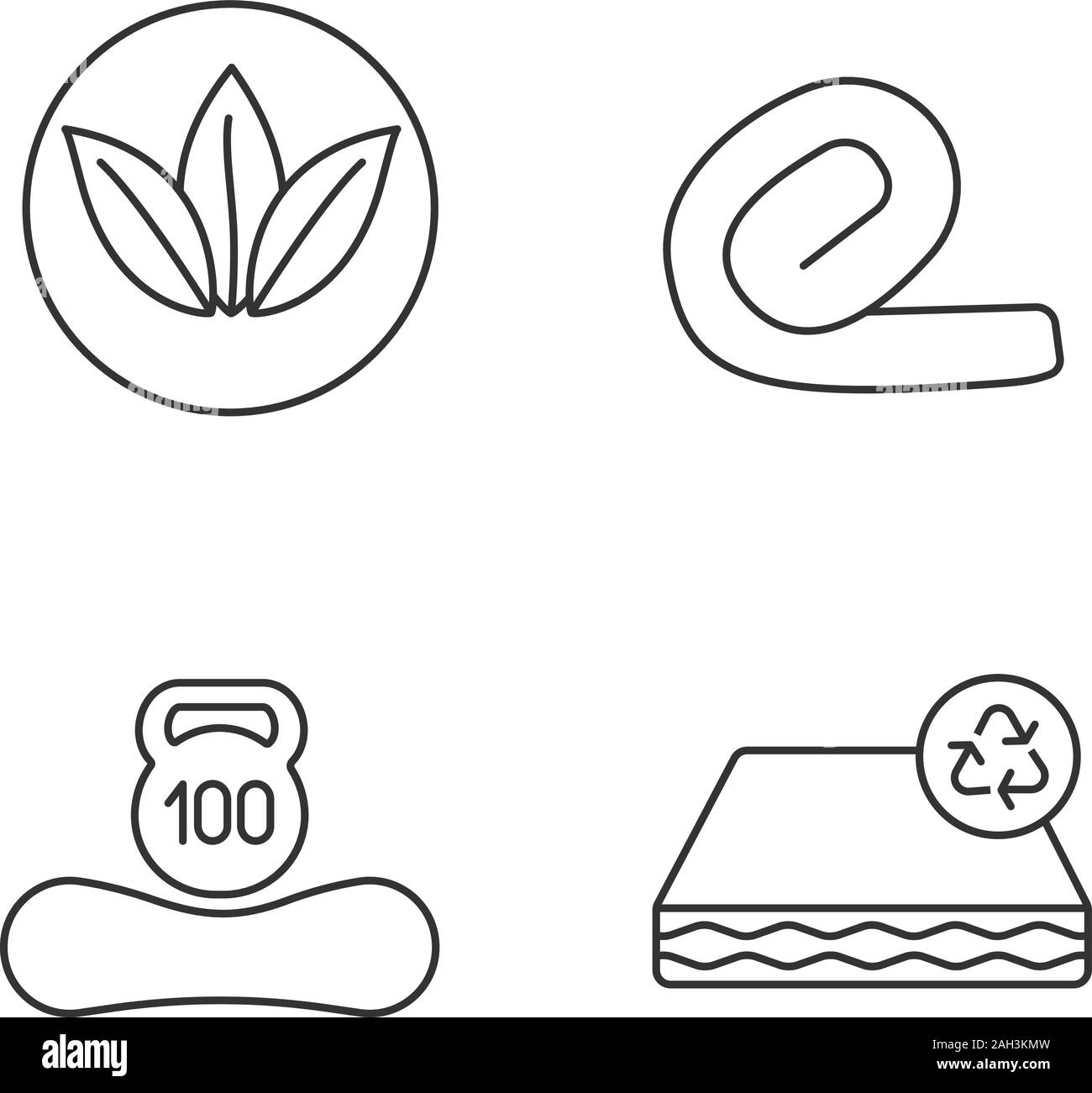 Orthopedic mattress linear icons set. Ecological, recyclable and reusable property, weight limit, springless roll up mattress. Thin line symbols. Isol Stock Vector