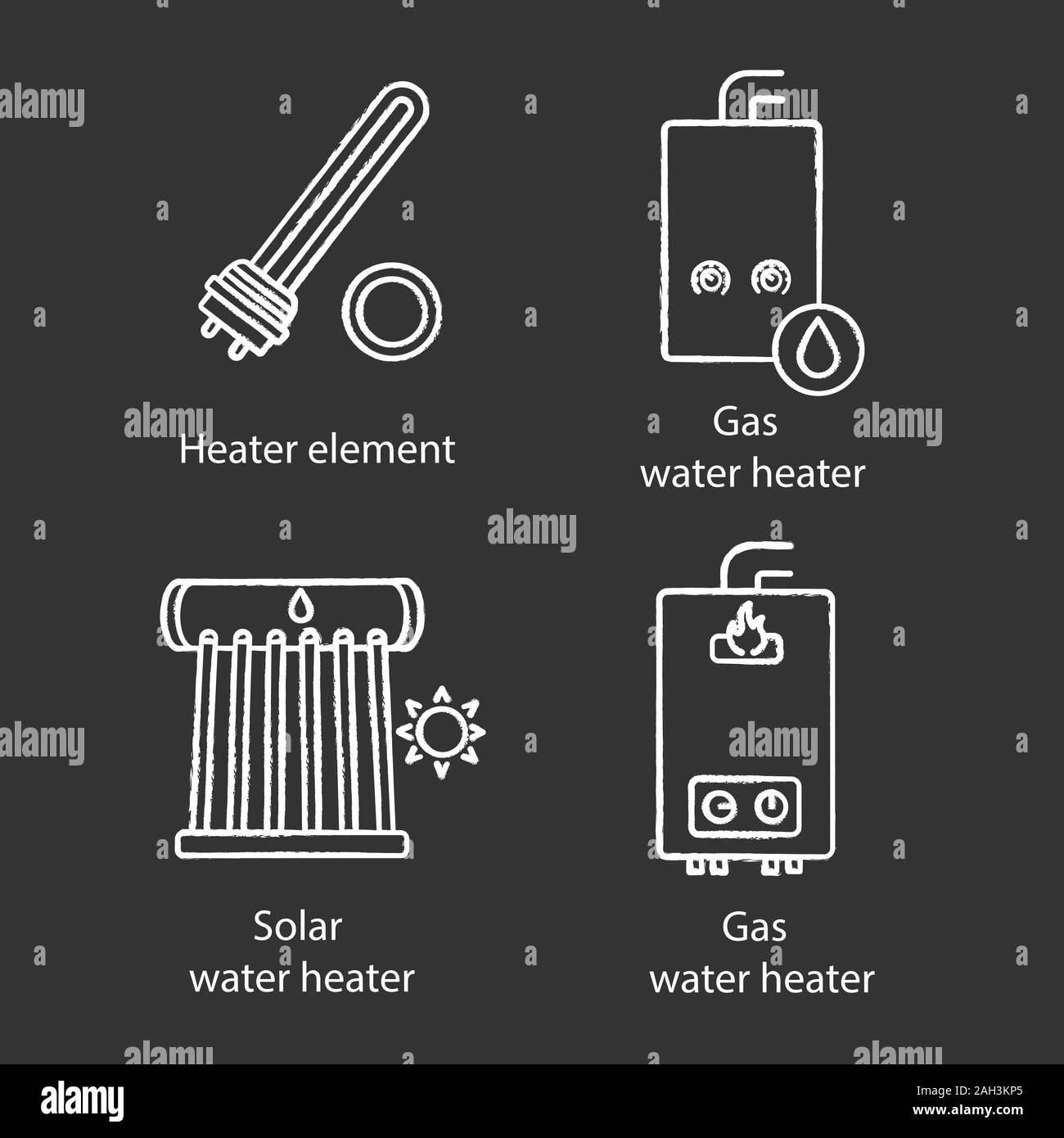 Heating chalk icons set. Electric and gas water heaters, heating boiler, industrial water heater. Isolated vector chalkboard illustrations Stock Vector