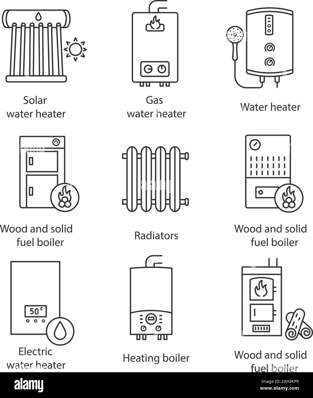 Heating linear icons set. Boilers, radiators, water heaters. Gas, electric, solid fuel, pellet, solar boilers. Isolated vector outline illustrations. Stock Vector