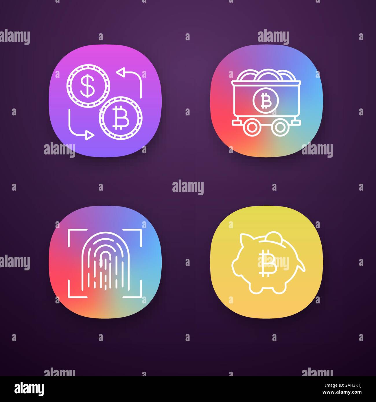 Bitcoin cryptocurrency app icons set. UI/UX user interface. Currency  exchange, mine cart with bitcoin coins, fingerprint scanning, piggy bank.  Web or Stock Vector Image & Art - Alamy